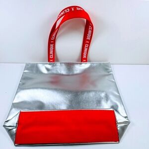 Clinique Metallic Silver Tote Bag Red Logo Handles Peppermint Beach Laptop Gym